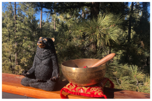 bear and bell from big bear retreat center in woods